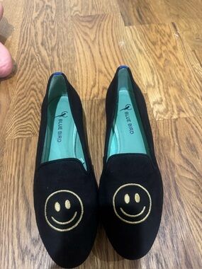 Blue Bird Black Loafers with Gold Smiley emoji Detail
